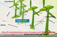 Kaart zoekgebied windturbine park de Huet 5 windturbines van elk 230 mt hoog